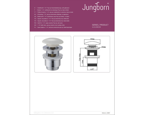 Soupape à arbre Jungborn avec couvercle en céramique escamotable, dessin technique