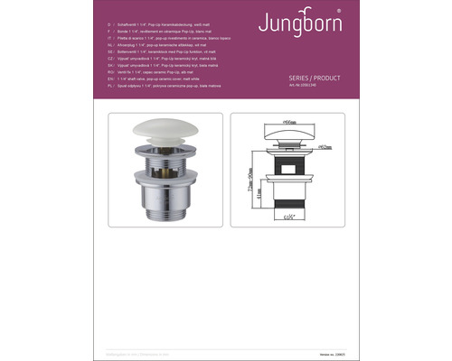 Jungborn Logo. Schaftventil 1 1/4 Zoll mit Pop-Up Keramikabdeckung und Maßzeichnung.
