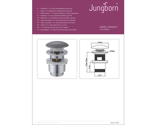 Jungborn Schaftventil 1 1/4 Zoll mit Pop-Up Keramikabdeckung, Produktansicht
