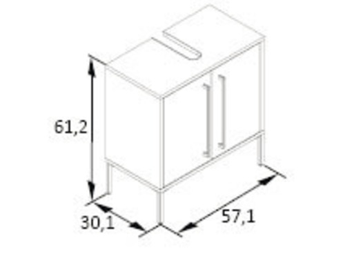 Schéma coté d''un meuble sous-vasque avec deux portes et poignées, et dimensions en centimètres