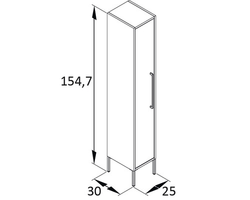 Dessin technique d''une armoire de salle de bain avec les dimensions 154,7 x 30 x 25 cm.