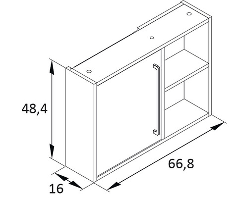 Dessin technique d''une armoire suspendue avec porte et étagère ouverte, dimensions en centimètres