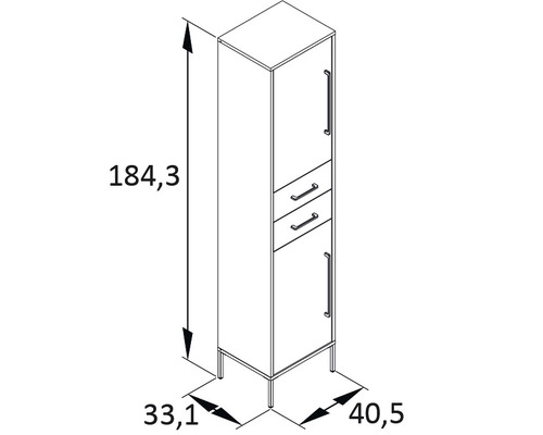Skizze eines Badezimmer Hochschranks mit Schubladen und Abmessungen.