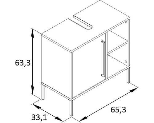 Dessin d''un meuble sous-vasque avec dimensions 63,3 x 33,1 x 65,3 cm.