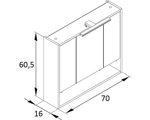 Zeichnung eines Spiegelschranks mit den Maßen 60,5 x 70 x 16 cm.