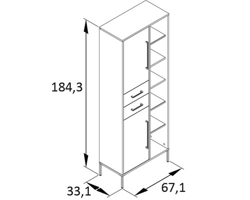 Dessin d''une armoire avec tiroirs et étagères, avec indication des dimensions