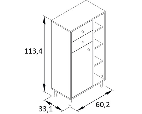 Technische Zeichnung eines Schranks mit Schubladen, Tür und Regalen mit Maßangaben