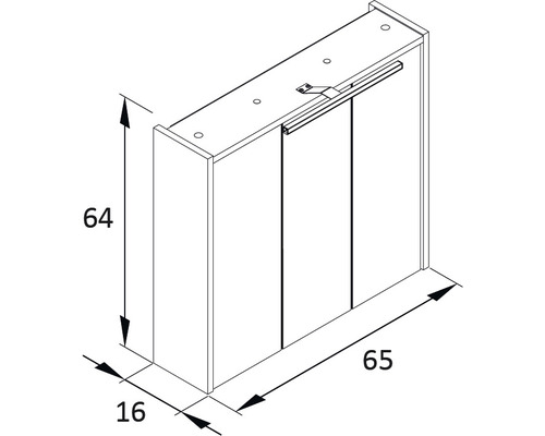 Zeichnung eines Badezimmerschranks mit drei Türen und den Maßen 64 x 65 x 16 cm.