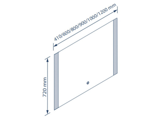 Schéma technique d''un miroir mesurant 410, 600, 800, 900, 1000 et 1200 millimètres de large et 720 millimètres de haut.