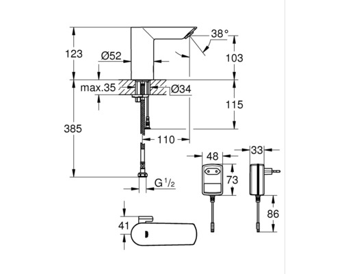 Schéma technique d''un robinet avec dimensions