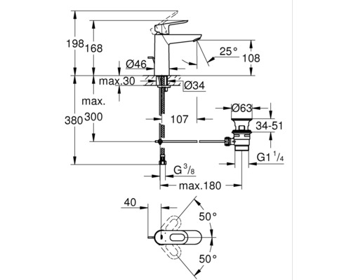 Plan coté d''un robinet avec indication des dimensions et des raccords