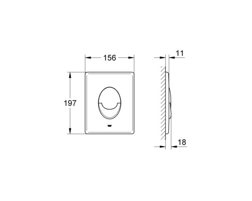 Technische Zeichnung einer Betätigungsplatte mit Maßangaben