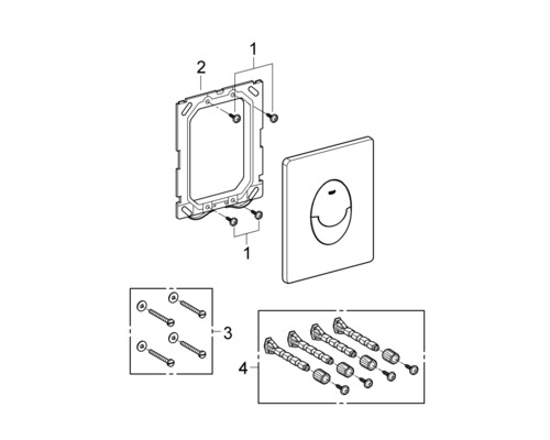 Baugruppenzeichnung von WC-Betätigungsplatte mit Befestigungsmaterial