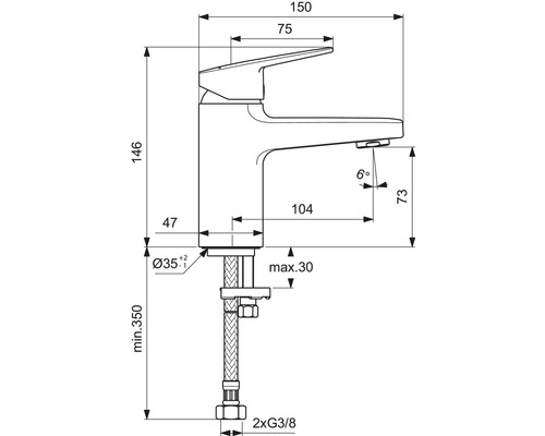 Schéma technique d''un robinet avec indications de dimensions