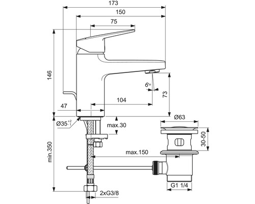 Technische Zeichnung einer Armatur mit Maßangaben