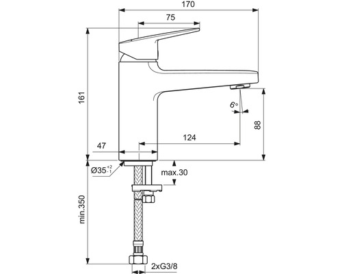 Dessin coté d''un robinet avec indications de hauteur et de largeur