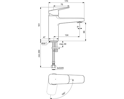 Plan coté d''un robinet avec différentes dimensions
