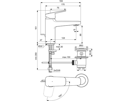 Schéma technique d''un robinet de lavabo avec les dimensions