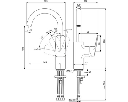 Schéma technique d''un robinet avec indications de dimensions