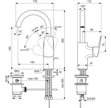 Dessin technique d''un robinet de cuisine avec dimensions