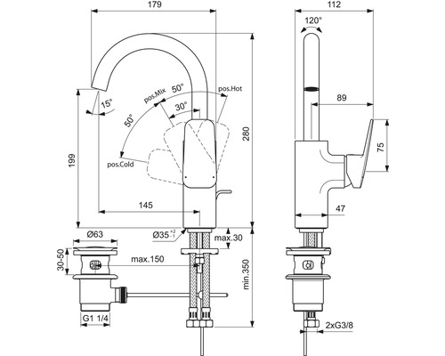 Dessin technique d''un robinet de cuisine avec dimensions