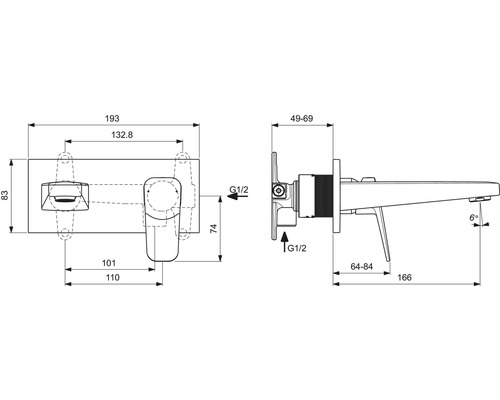Schéma technique d''un robinet encastré avec dimensions