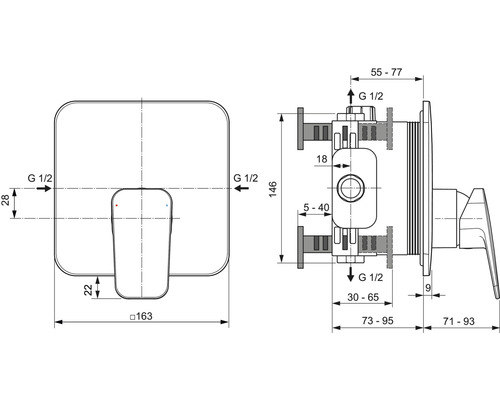 Schéma technique d''un mitigeur de douche encastré avec cotes