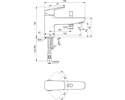 Schéma technique d''un robinet avec indications de dimensions