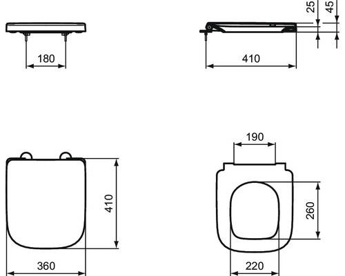 Technische Zeichnung eines WC-Sitzes mit Maßangaben