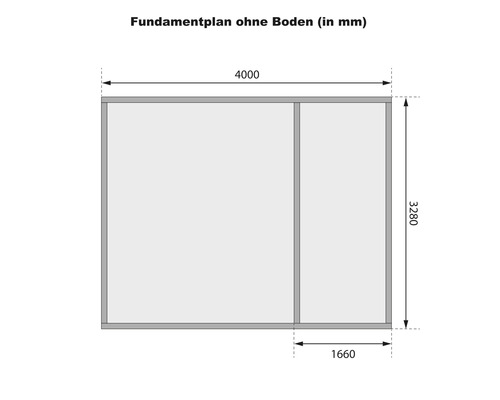 Fundamentplan ohne Boden mit Maßangaben in Millimeter