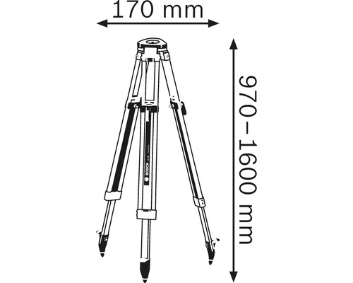 Abbildung eines Stativs mit den Maßen 170 mm Breite und 970 bis 1600 mm Höhe