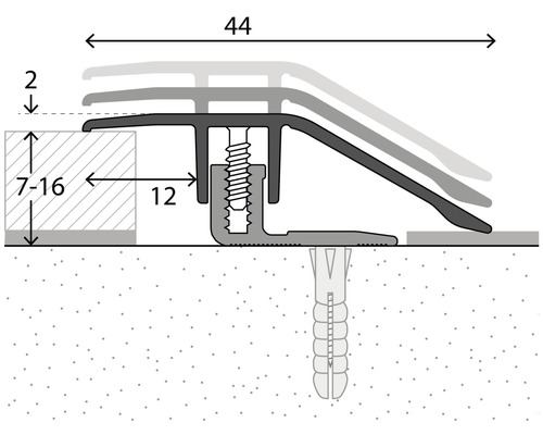 Illustration eines Übergangsprofils mit den Maßen 44, 12 und 2 Millimeter sowie einer Höhenanpassung von 7 bis 16 Millimeter.