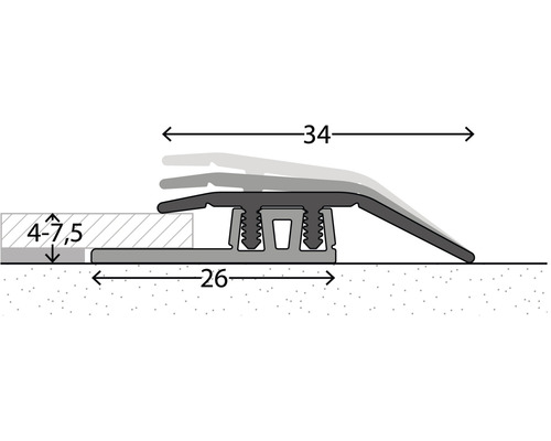 Illustration d''un profilé de transition avec des dimensions de 34 et 26 centimètres, adapté aux hauteurs de 4 à 7,5 millimètres.