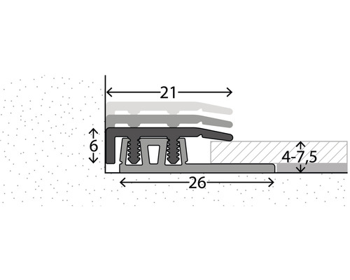 Dessin technique d''un profilé de transition avec des dimensions de 21 et 26 millimètres de largeur et de 6 et 4 à 7,5 millimètres de hauteur.