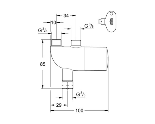 Schéma technique d''un jeu de robinets d''équerre Grohe avec dimensions