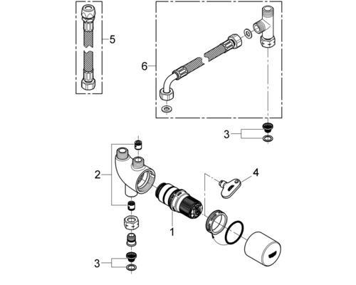 Schéma éclaté d''une installation sanitaire avec robinet d''arrêt d''équerre, raccord et flexible de raccordement.