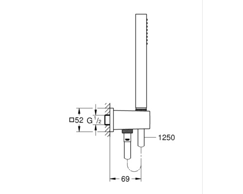 Technische Zeichnung einer Duscharmatur mit Maßangaben