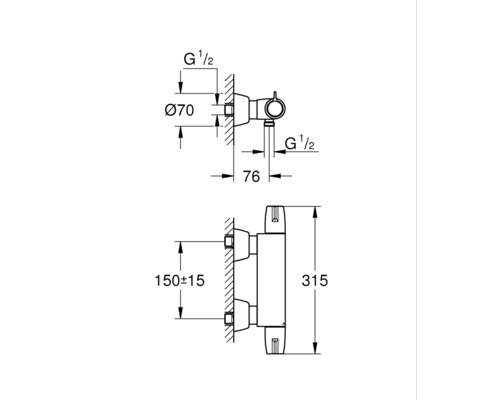Schéma coté d''un raccord de radiateur avec des dimensions de 70 mm de diamètre, 76 mm de profondeur et 315 mm de hauteur