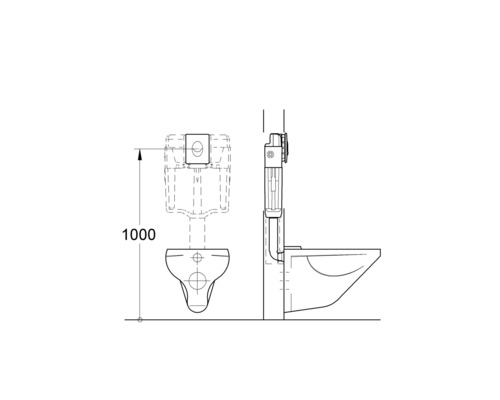 Zeichnung einer Toilette mit Spülkasten und den Maßen 1000 mm Höhe