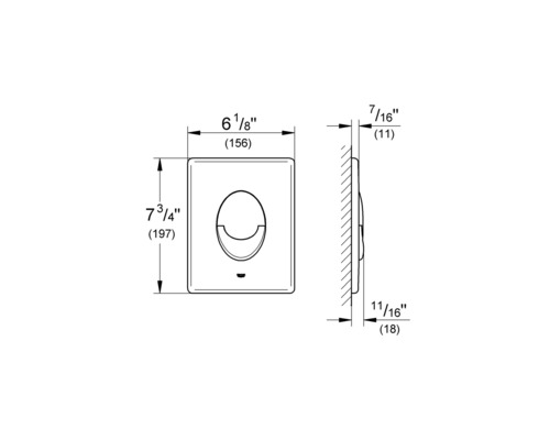 Technische Zeichnung einer Betätigungsplatte mit Maßangaben