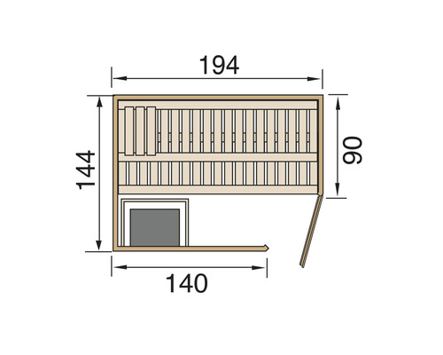 Technische Zeichnung einer Sauna mit Maßen: 194, 144, 140 und 90 Zentimeter.