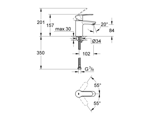 Technische Zeichnung einer Armatur mit Maßangaben.