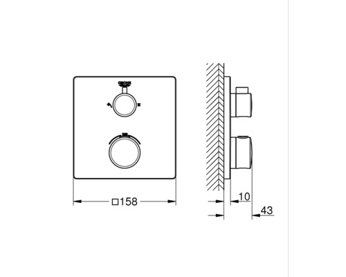 Schéma technique d''un mitigeur thermostatique encastré aux dimensions 158 x 43 millimètres.