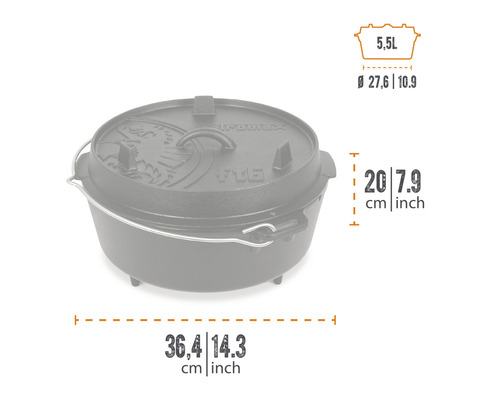 IronMax Dutch Oven mit Deckel und Maßangaben