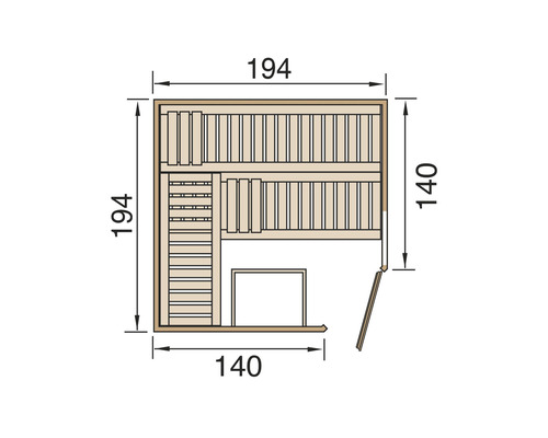 Vue de dessus du sauna avec dimensions en centimètres