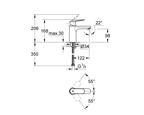 Technische Zeichnung einer Armatur mit Maßangaben