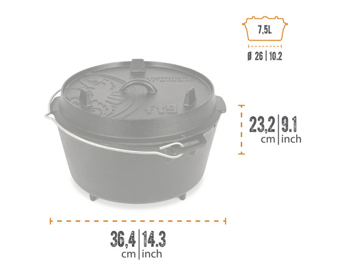 Abmessungen eines Dutch Oven mit Deckel und Henkel, Volumen 7,5 Liter