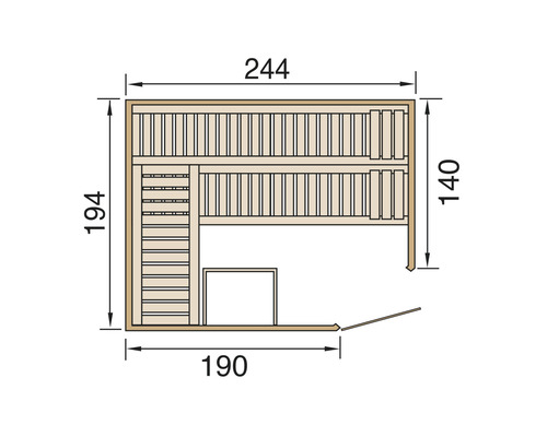 Schéma technique d''un sauna avec les dimensions 244 x 194 x 140 x 190 centimètres.