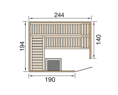 Plan de la sauna avec les dimensions 244 sur 194 sur 140 sur 190 centimètres