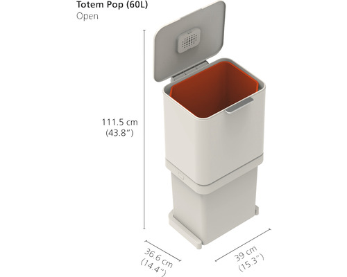 Poubelle Totem Pop avec couvercle ouvert et indications de taille